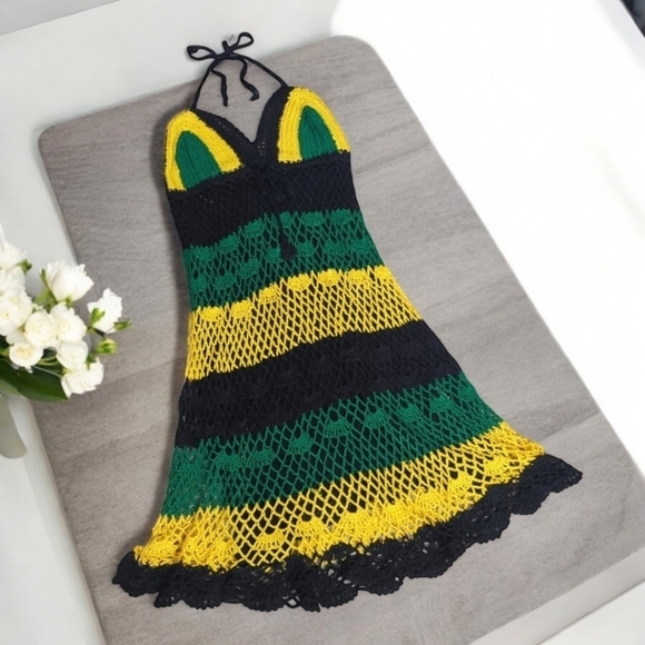 Crochet Boho Halter Style Lined Midi Dress Green Black Yellow XS/S - Picture 1 of 11